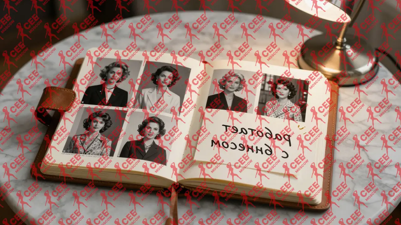 Открытая тетрадь с черно-белыми фотографиями эскорт-специалисток и handwritten заметкой на русском языке.