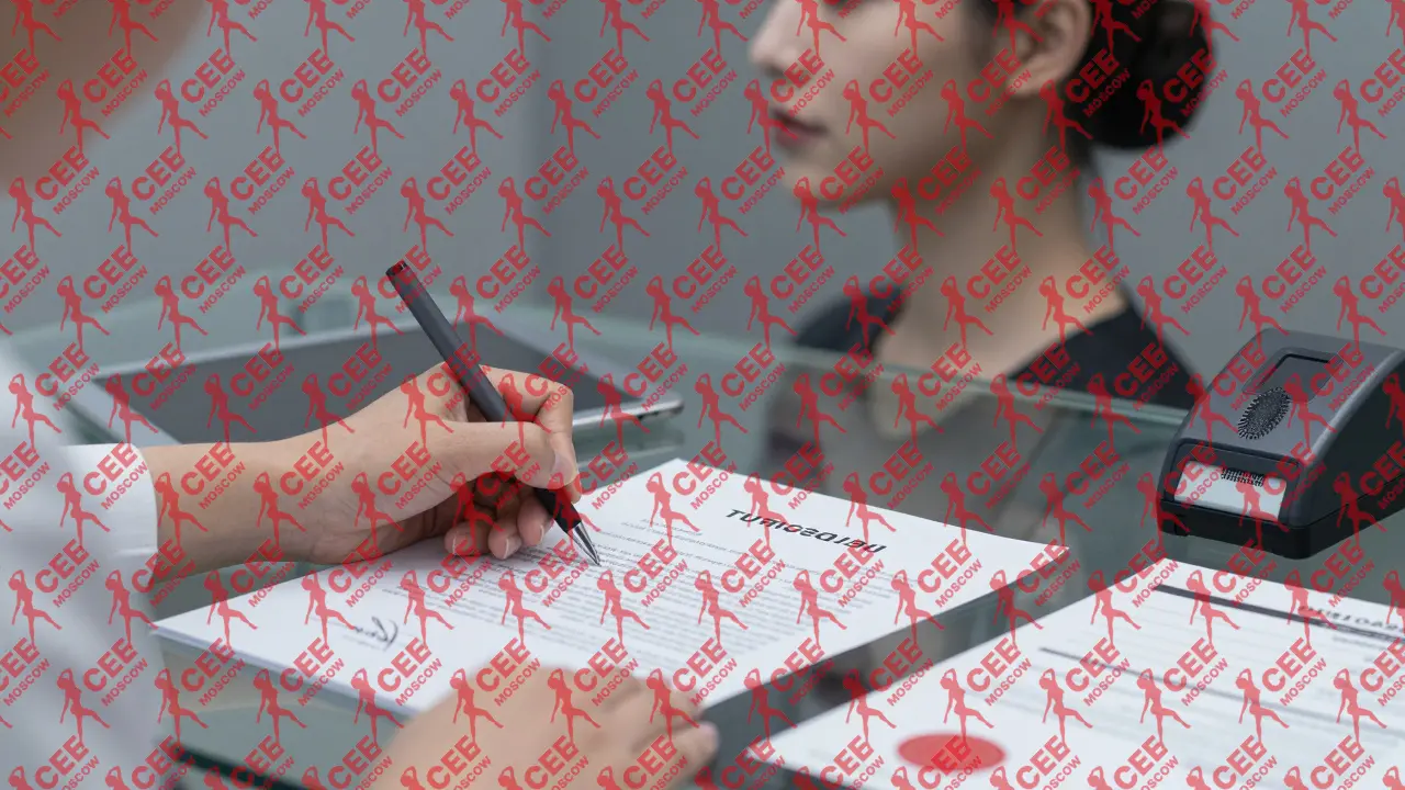 Руки подписывают юридический договор на стеклянном столе, рядом &mdash; медицинский сертификат и сканер отпечатков.