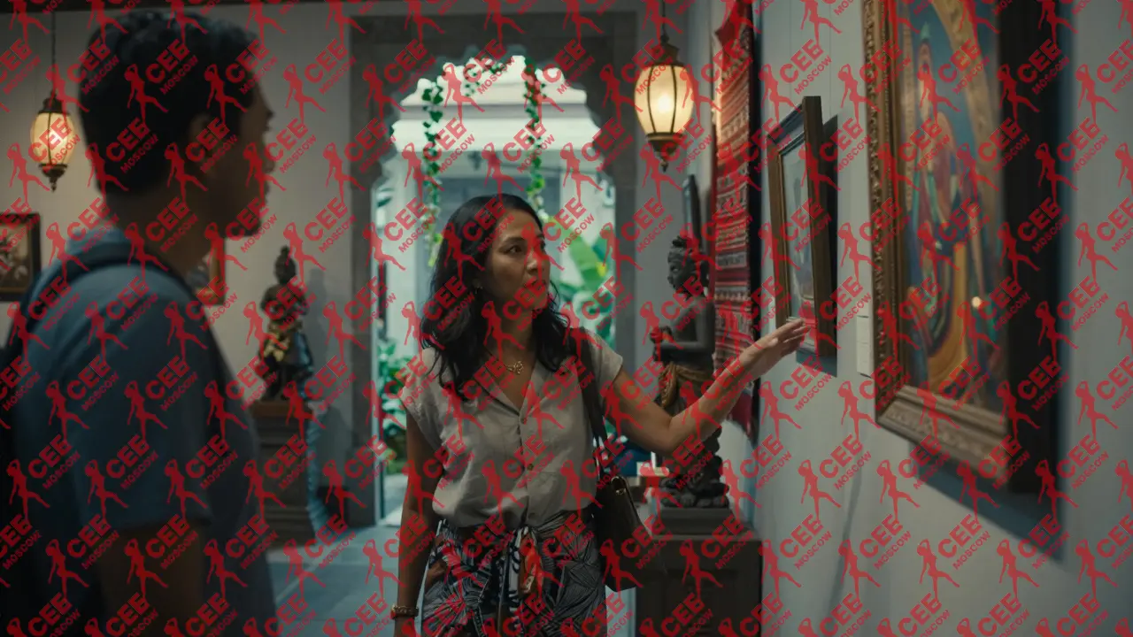 Женщина в галерее на Бали показывает картину мужчине, освещённому мягким светом фонарей.