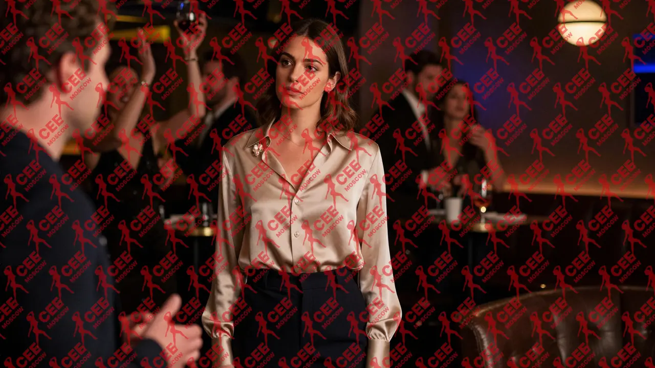 Женщина в бежевой блузке внимательно слушает в лаунже в Цюрихе, сдержанный и уверенный взгляд.