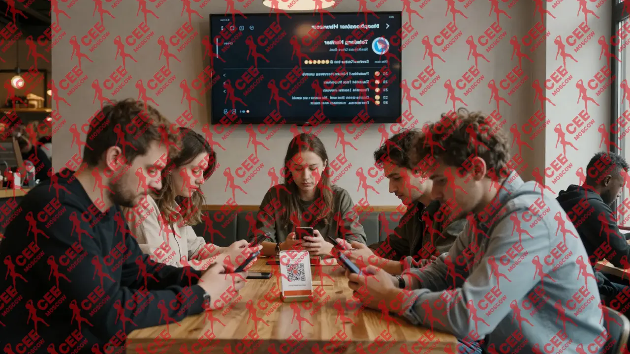 Группа людей в кафе проверяют отзывы и оплачивают услуги через QR-коды, на стене &mdash; экран с растущим рейтингом в Telegram.