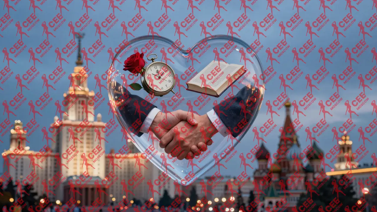 Прозрачное сердце над Москвой содержит символы рукопожатия, книги, часов и розы &mdash; метафора честного человеческого сопровождения.