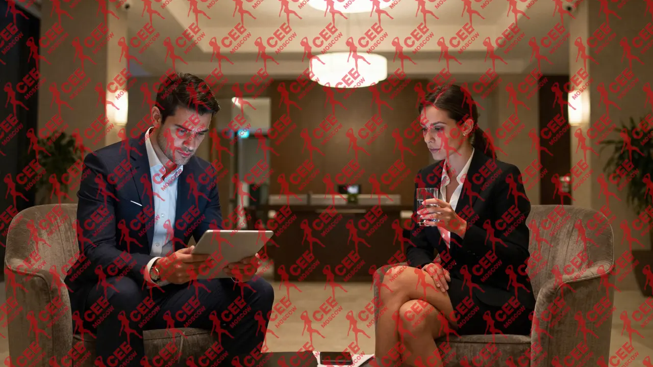 Профессиональная сопровождающая в лобби пятизвездочного отеля, рядом мужчина с планшетом, без взаимодействия, атмосфера спокойствия.