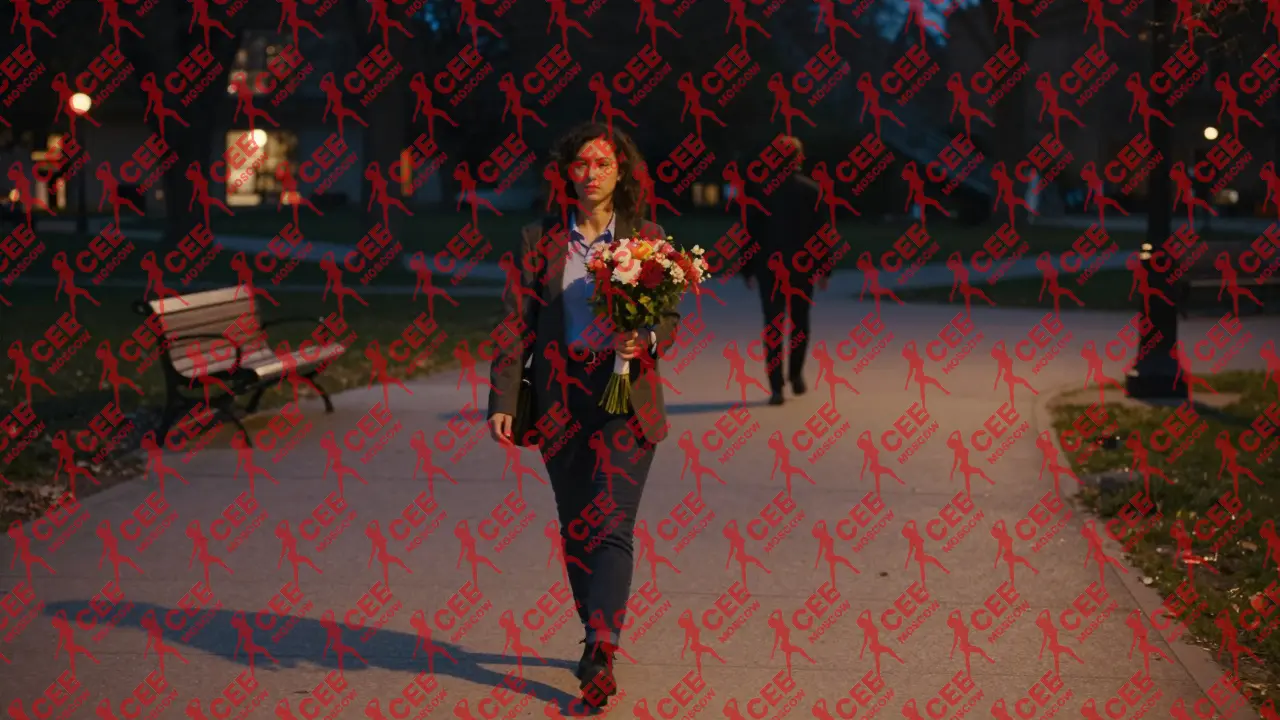 Женщина идет по парку с цветами, фигура мужчины вдалеке &mdash; без нарушения границ.