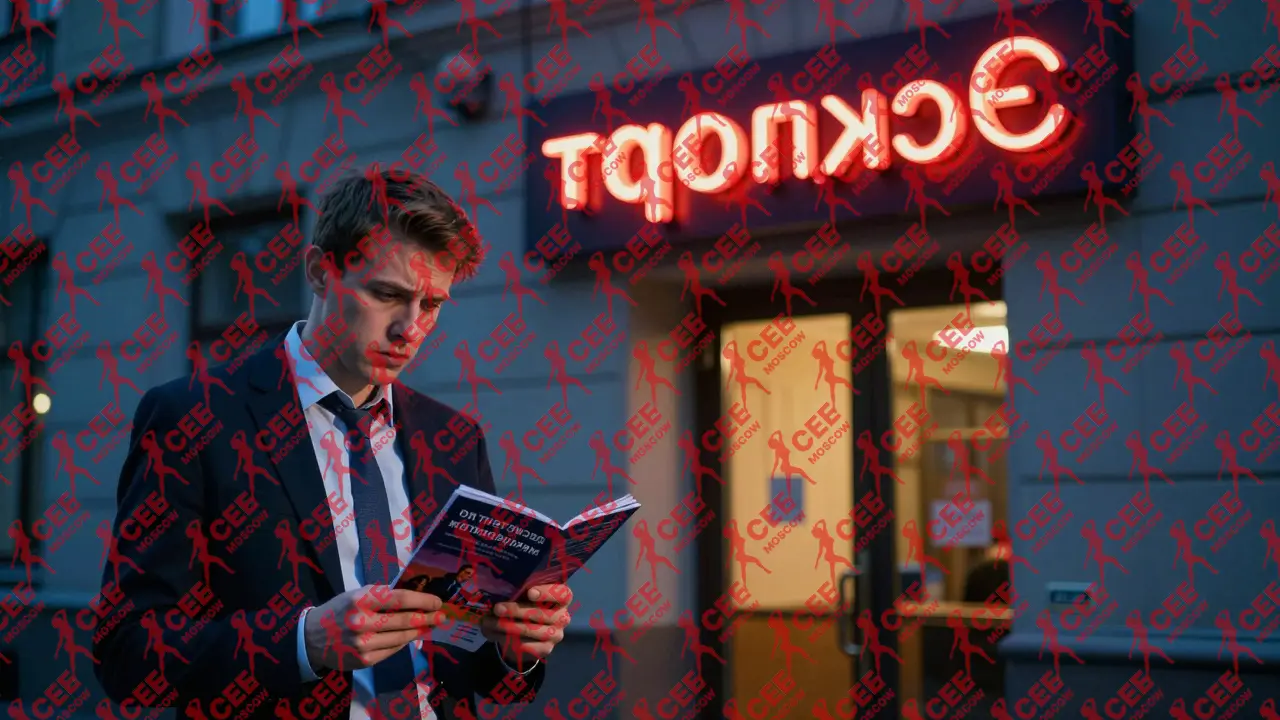 Неоновая вывеска 'Эскорт' на тёмной улице в Москве, рядом &mdash; буклет с другим термином.