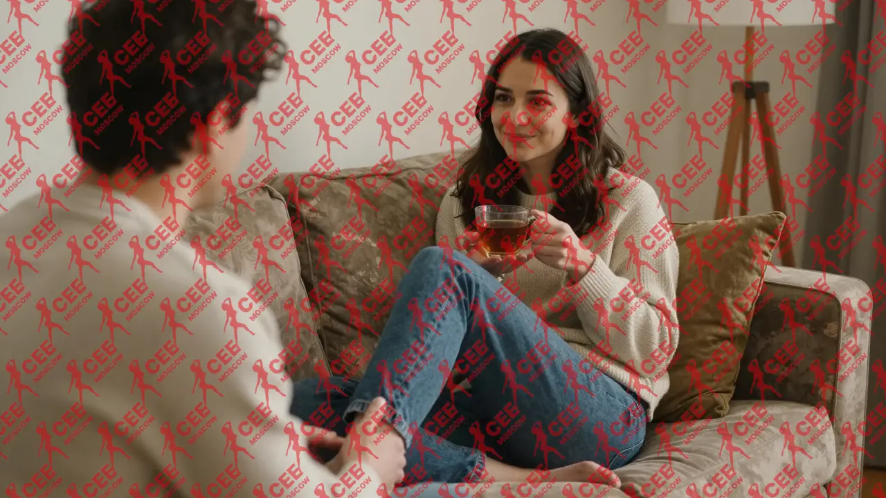 Женщина в джинсах и свитере сидит на диване, внимательно слушает мужчину в уютной обстановке.