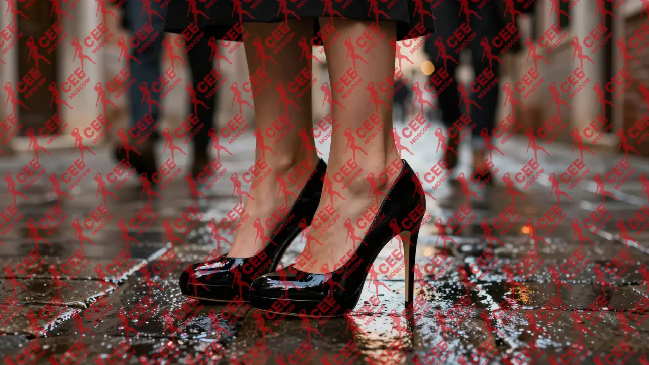 Чёрные туфли на высоком каблуке стоят на мокрых брусчатках Венеции, без единого пятна, с отблеском фонаря.