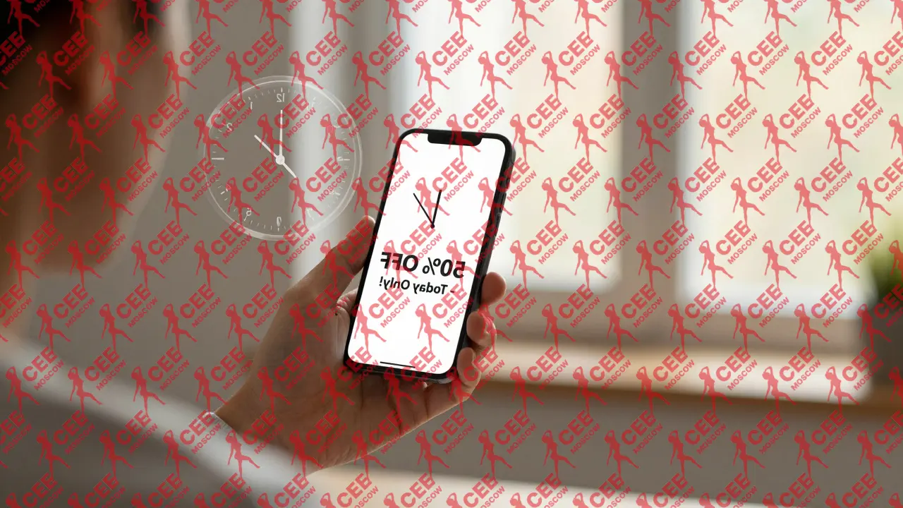 Рука над телефоном с уведомлением о скидке, рядом &mdash; прозрачные часы, идущие назад, утренний свет.