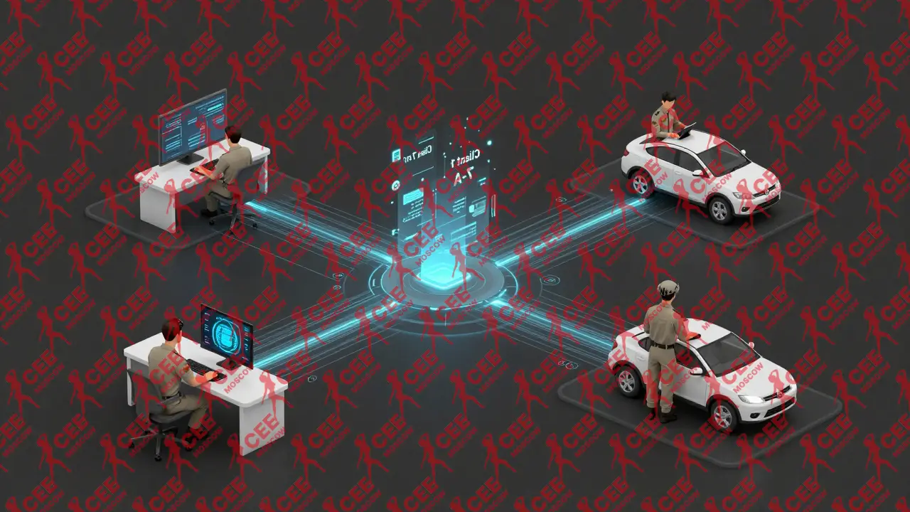 Три сотрудника в изолированных зонах работают без доступа к личным данным клиента, цифровые идентификаторы в воздухе.