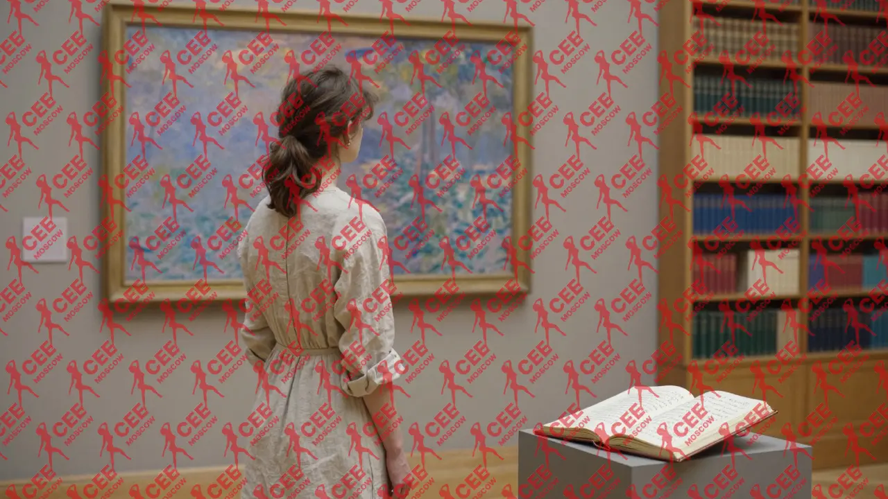 Женщина в музее смотрит на картину, окружённая книгами по философии и искусству.