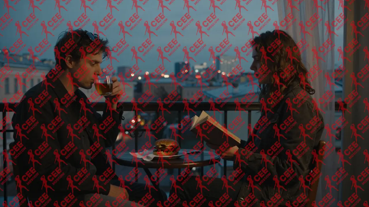 Два человека на балконе в Санкт-Петербурге, один с книгой, другой с чаем, за ними &mdash; тусклый городской пейзаж и бургер на салфетке.