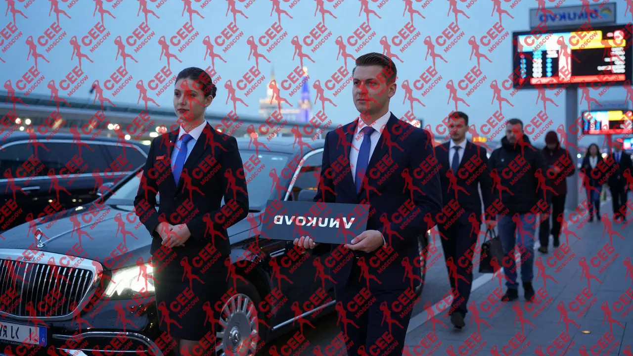 Международная делегация встречает сопровождающего у аэропорта в Москве