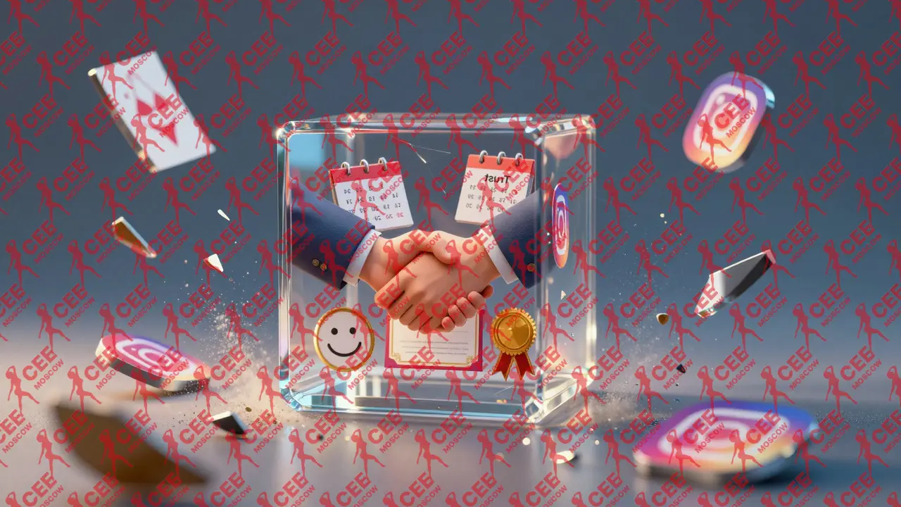 Прозрачная кубическая структура символизирует настоящий профессионализм, вокруг &mdash; разрушающиеся образы соцсетей.