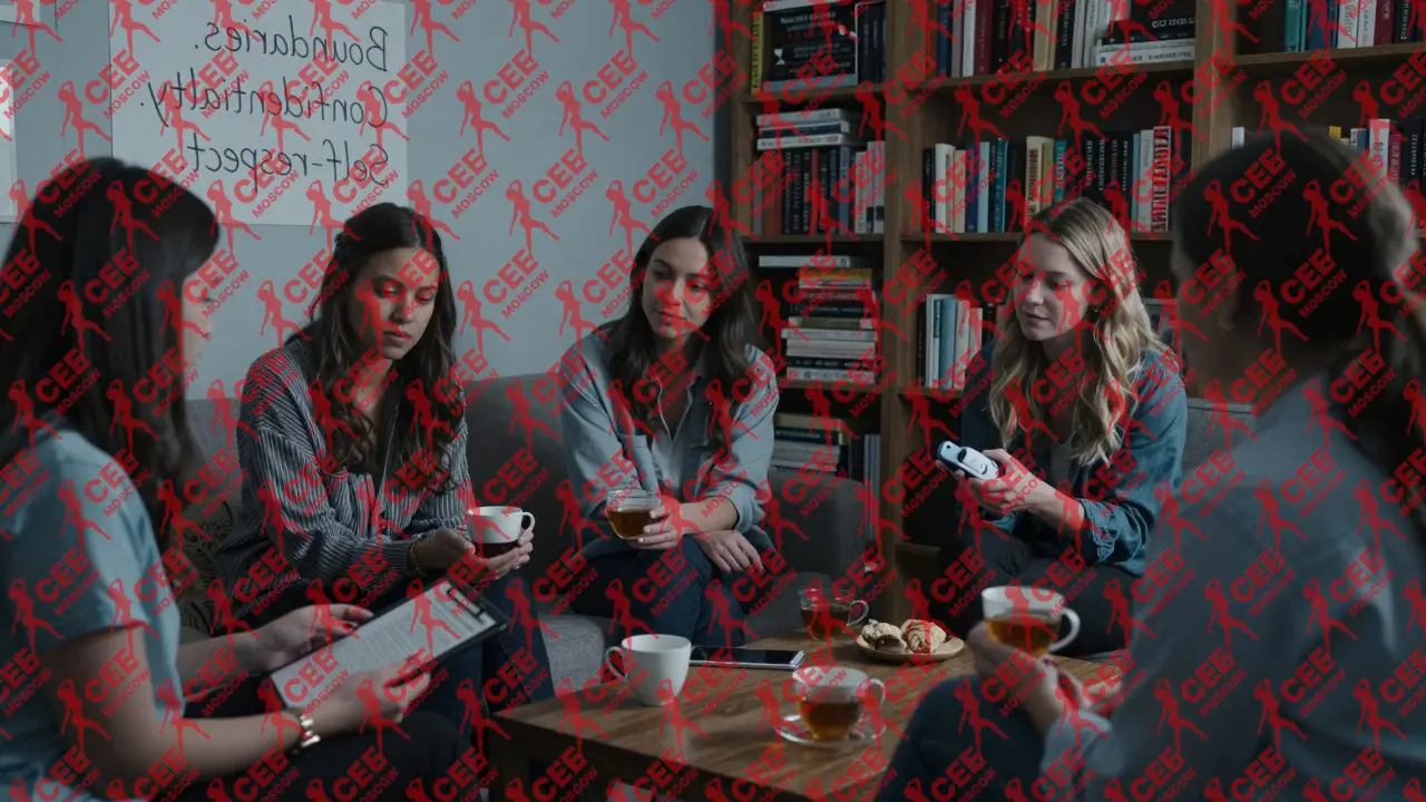 Группа женщин в спокойной обстановке обмениваются опытом, поддерживая друг друга в профессии.