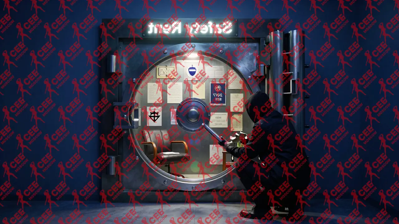 Secure vault labeled 'Safety Rent' filled with protective elements, guarded from external threats.