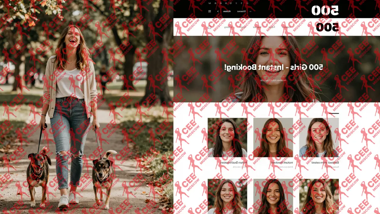 Сравнение: слева &mdash; фейковый каталог с одинаковыми фото, справа &mdash; реальная женщина гуляет с собакой в парке.