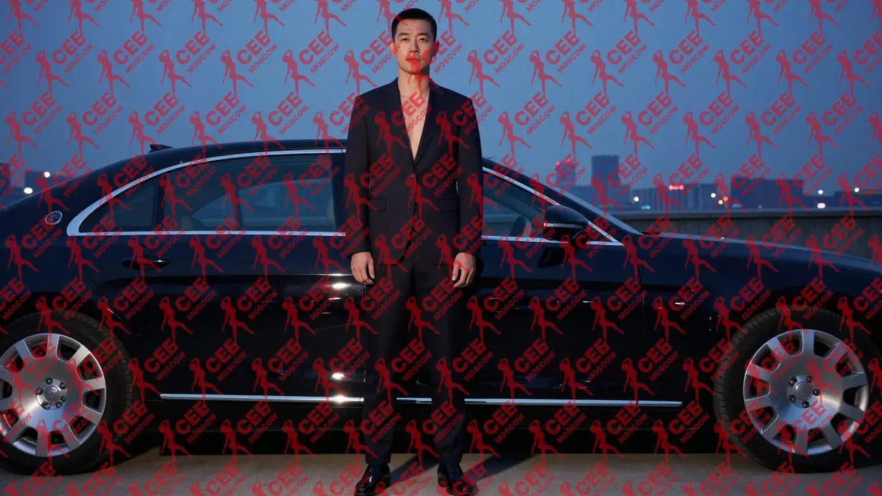 Мужчина с пропорциональной фигурой в минималистичном костюме, стоящий у роскошной машины.