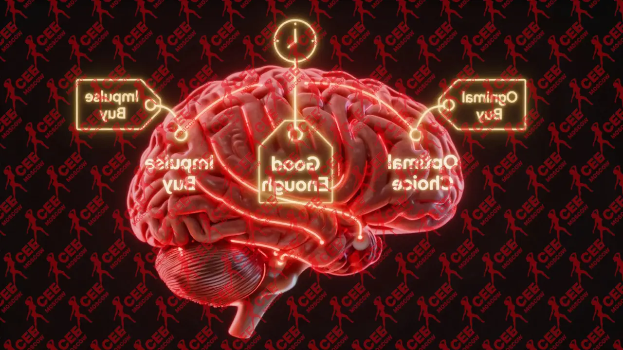 Мозг с тремя путями: оптимальный выбор, достаточно хорошее и импульсивная покупка, подсвеченный ценами и часами.