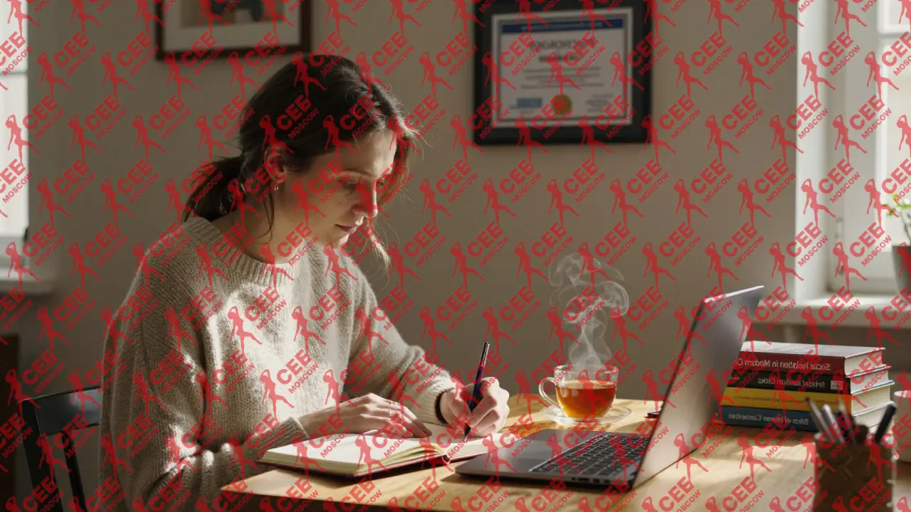 Женщина в свитере пишет в дневнике в уютной квартире, на стене &mdash; диплом о высшем образовании и книги о социальной изоляции.