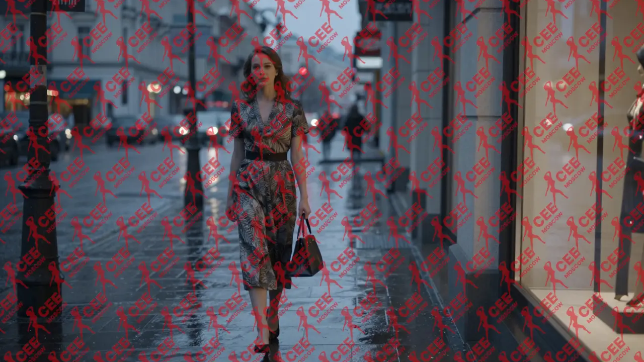 Женщина в винтажном платье уходит по мокрой улице Москвы после мероприятия, одинокая и спокойная.