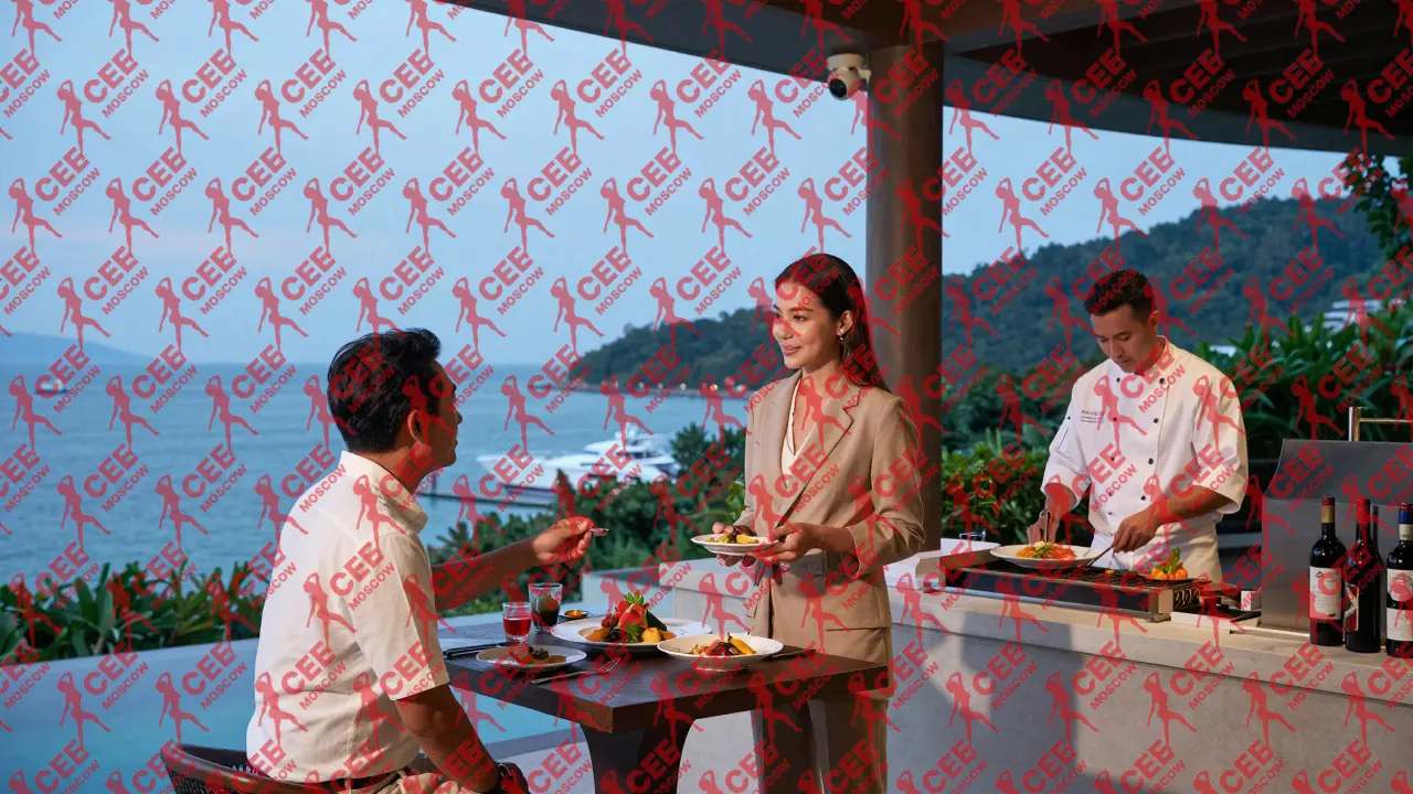 Модель и гость на террасе виллы на Пхукете, за ними &mdash; шеф-повар и вид на океан, атмосфера утонченного отдыха.