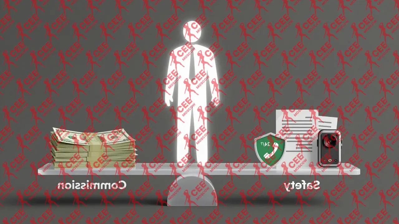 Прозрачная весы: одна сторона &mdash; символы безопасности и поддержки, другая &mdash; деньги комиссии; над ними стоит фигура эскорт-сервиса, символизирующая профессионализм и баланс.