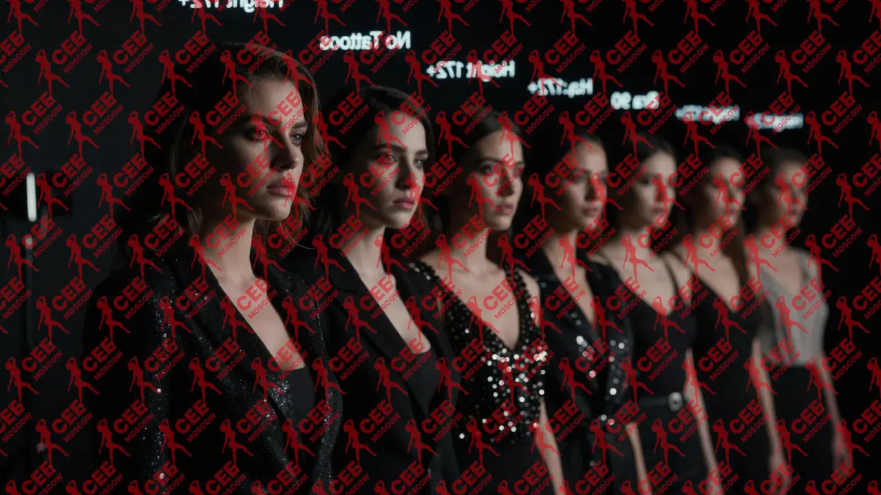 Ряд одинаковых женщин под яркими лампами, фильтры клиентов на заднем плане.