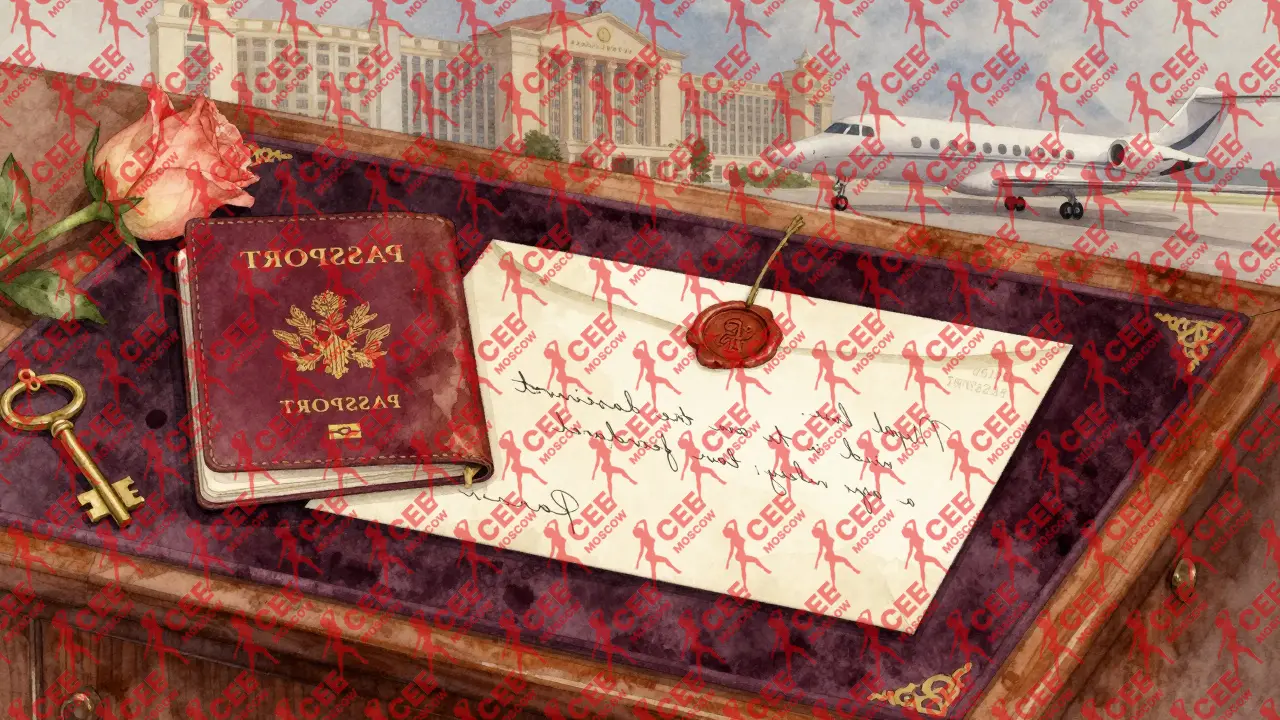 Запечатанное письмо, ключ, паспорт и роза на деревянном столе &mdash; символы элитарного доступа и анонимности.