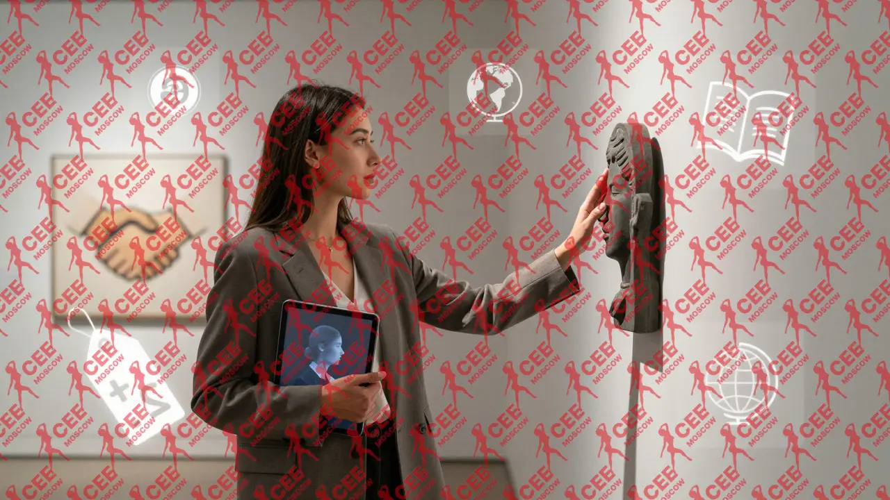 Женщина в деловом костюме у современного произведения искусства, вокруг неё &mdash; символы интеллектуального сопровождения: книга, глобус, рукопожатие.