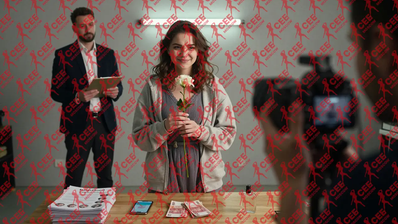 Молодая девушка фотографируется в студии, получая наличные за фото, рядом &mdash; стопка поддельных профилей.