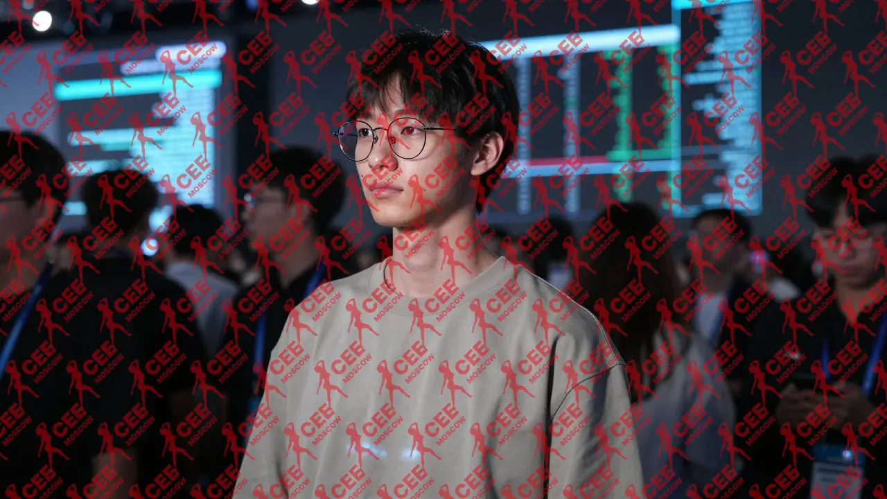 Молодой человек в нейтральной одежде и тонкими очками стоит на технологической конференции, его нейтральная аура отражает будущее.