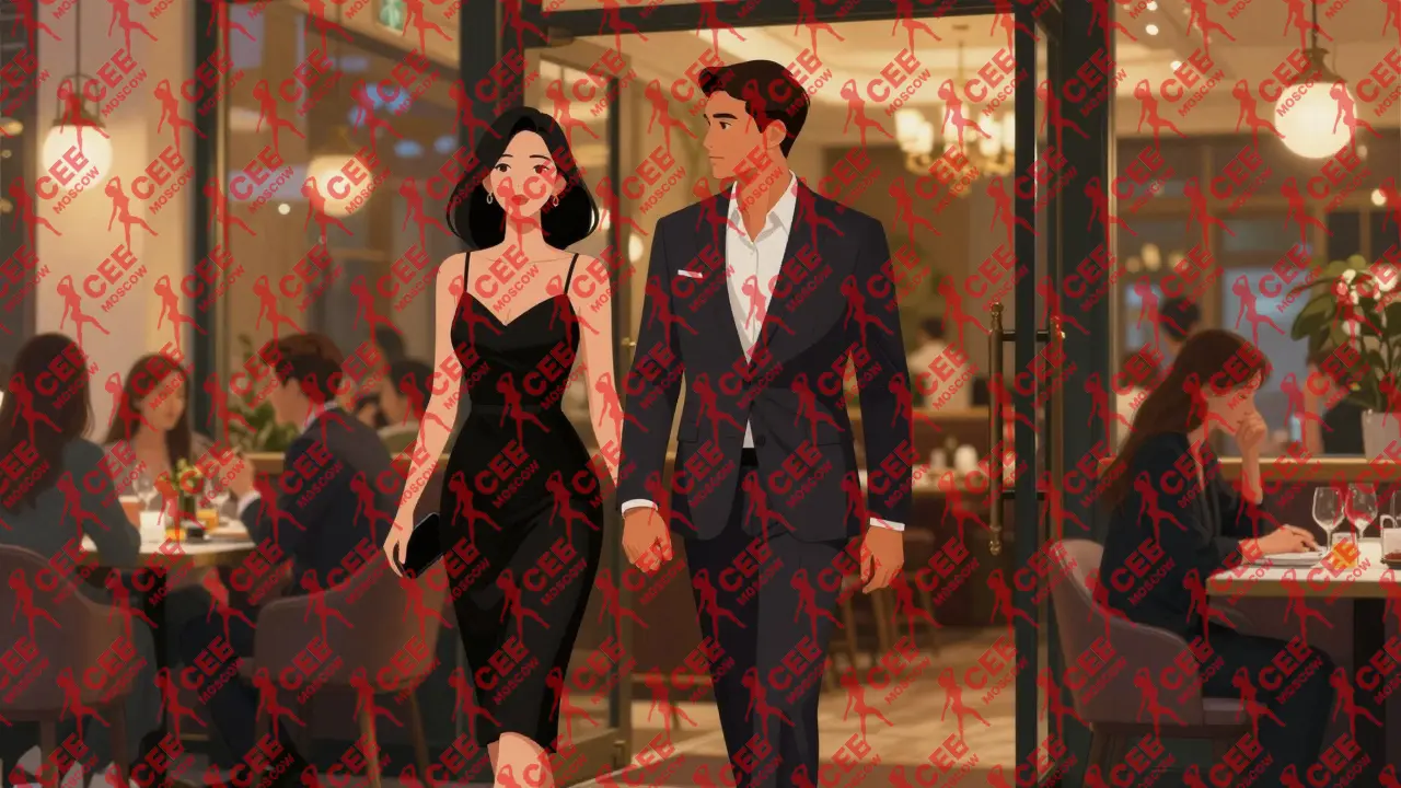 Пара входит в роскошный ресторан в Москве, женщина в элегантном платье, мужчина в костюме, атмосфера статуса и деликатности.