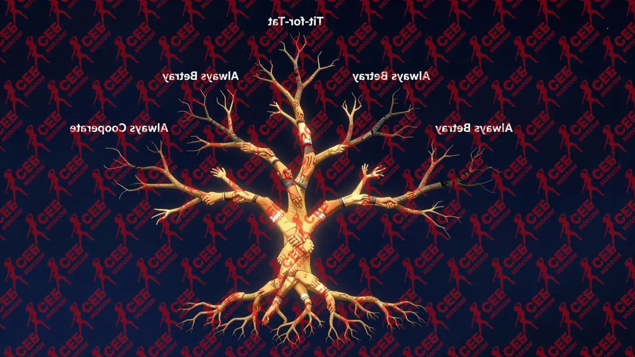 Эволюционное дерево, где стратегия 'Око за око' выживает среди других, умирающих стратегий.