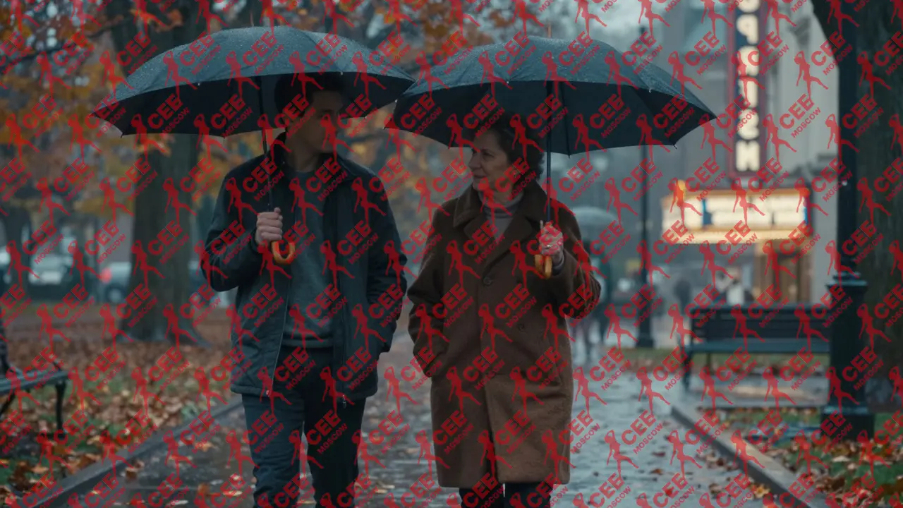 Пожилая женщина гуляет с компаньоном в парке под дождем, наслаждаясь тихой компанией.