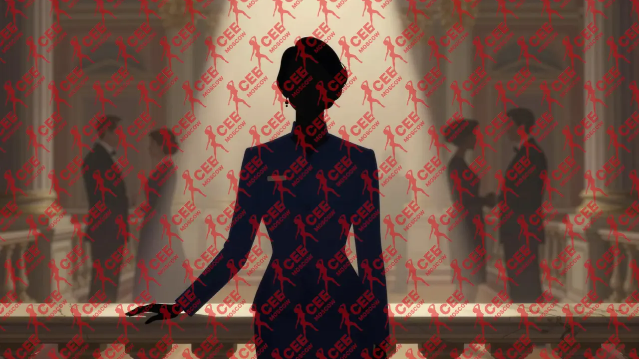 Профессиональная модель в темно-синем платье стоит в парадном зале, ее выражение спокойное, без украшений и лишних деталей.