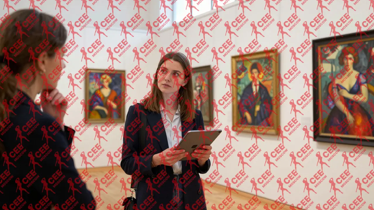 Женщина в галерее Третьяковки спокойно наблюдает за клиентом, который колеблется задать вопрос о произведении искусства.