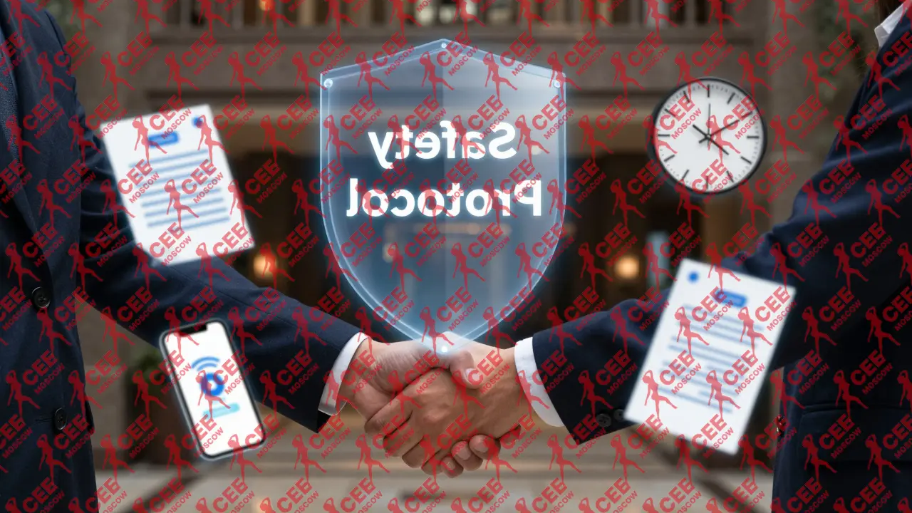 Прозрачный щит безопасности с элементами проверки личности, времени и уведомлений над рукопожатием.