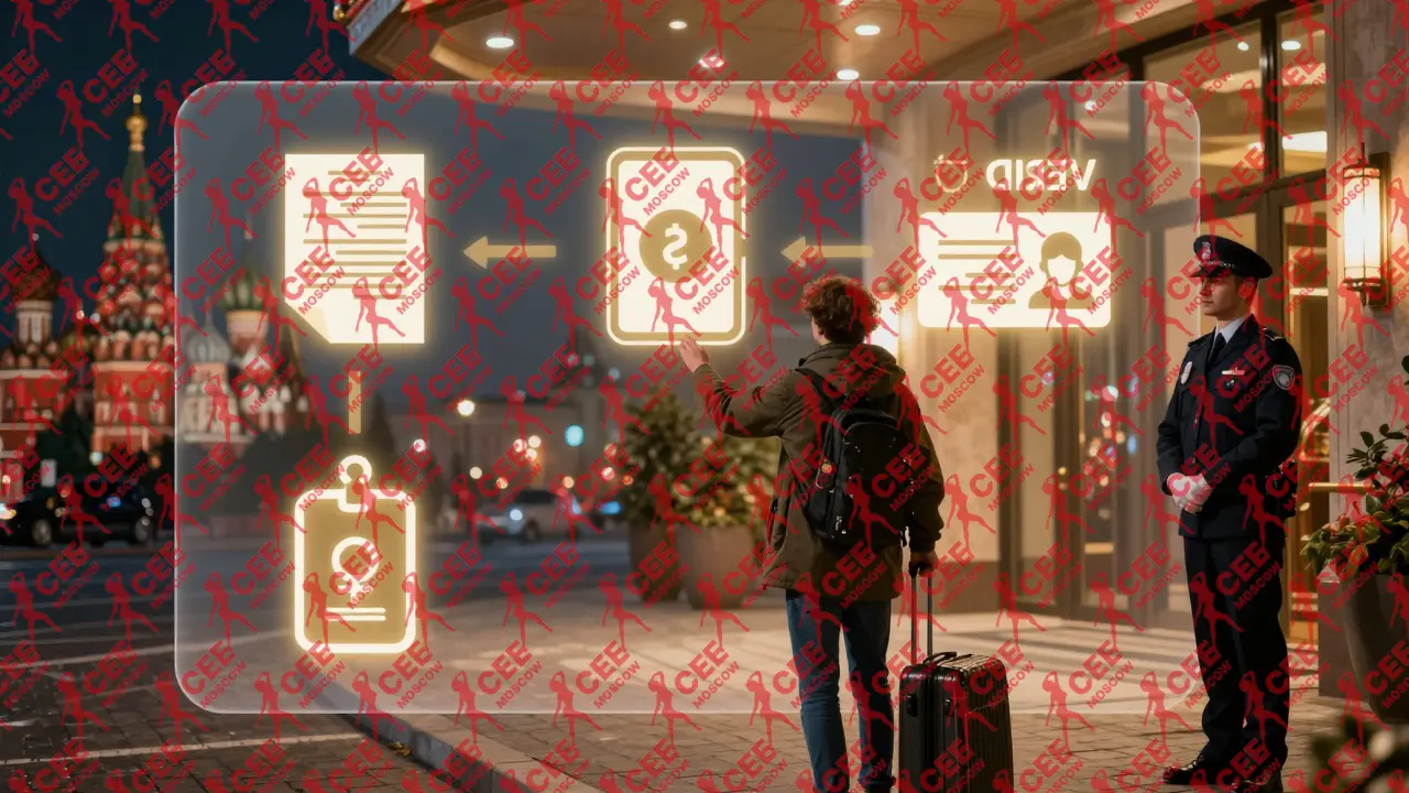 Путешественник встречает сопровождающего у отеля, над головой &mdash; схема безопасного эскорта.