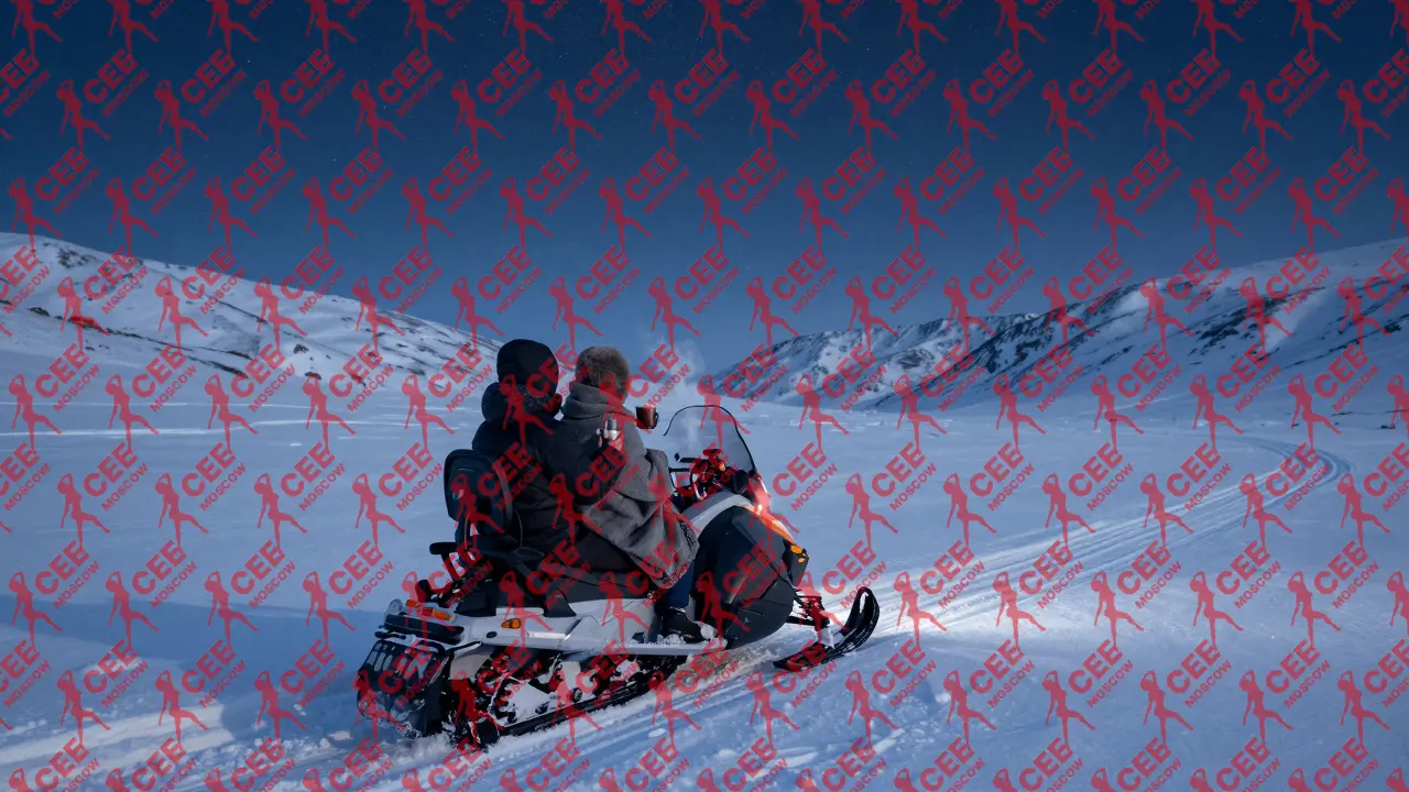 Зимняя прогулка на снегоходе в пустынной горной местности, лица скрыты, ни одного следа идентификации.