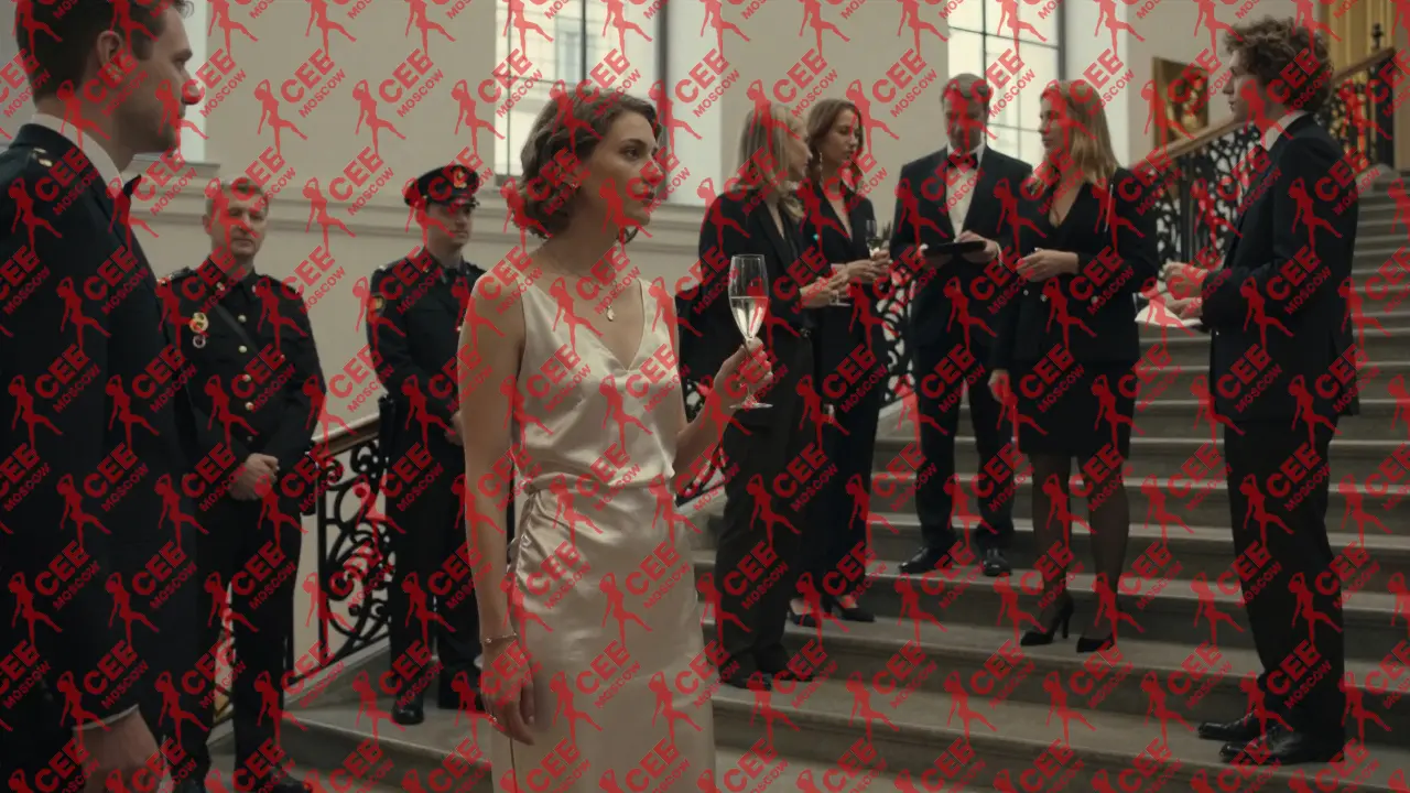 Женщина в минималистичном платье наблюдает за гостями на культурном мероприятии, ее спокойствие и уважение к каждому &mdash; признак настоящей социальной грации.