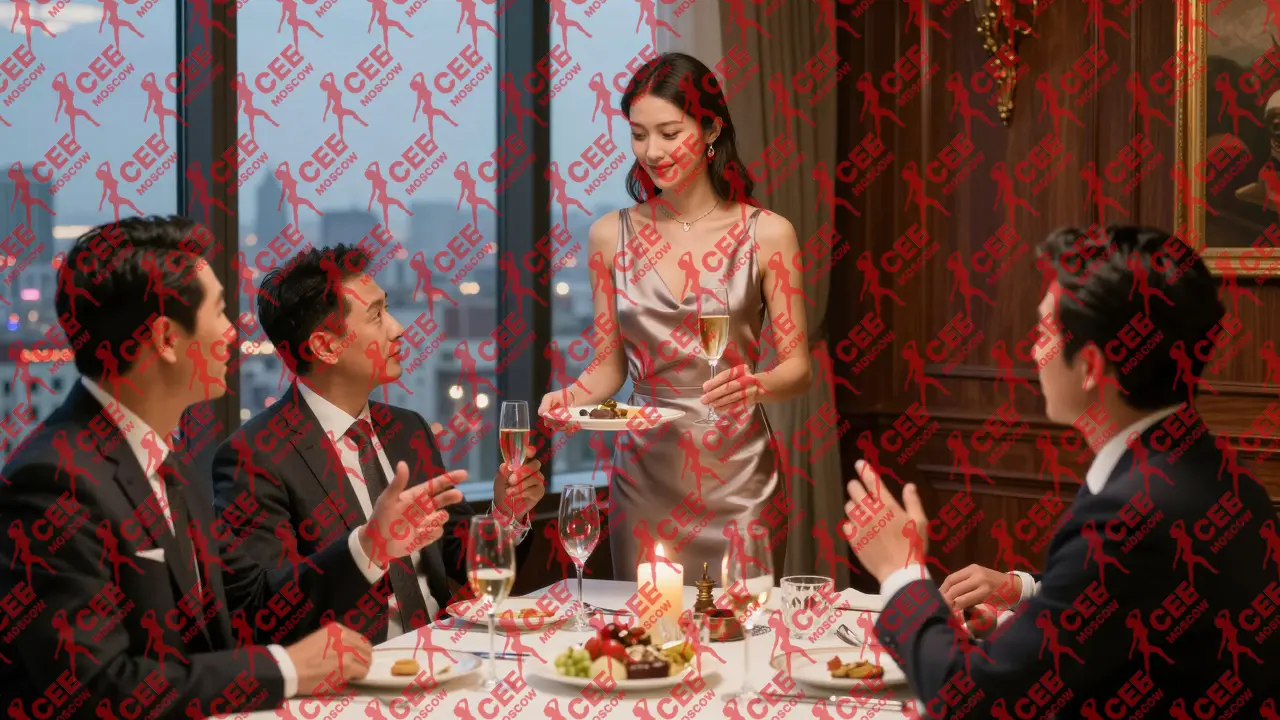 Модель в бархатном платье подает шампанское на деловом ужине в роскошном пентхаусе Москвы.
