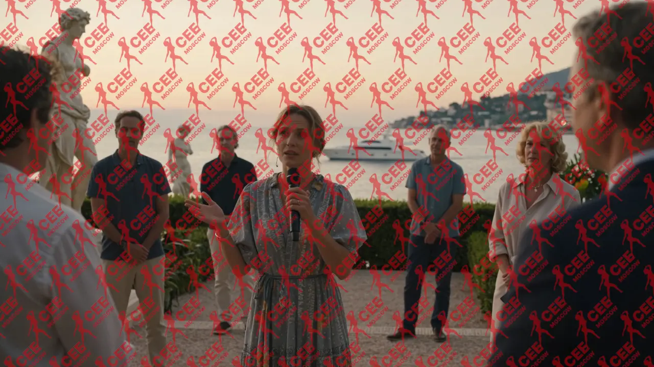 Русская девушка ведет экскурсию по саду скульптур на частном острове в Монако.