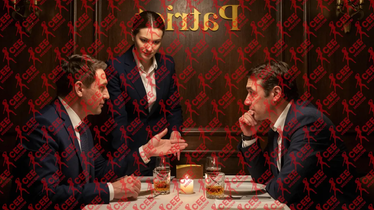 Тихий деловой ужин в ресторане с сопровождающим, направляющим разговор