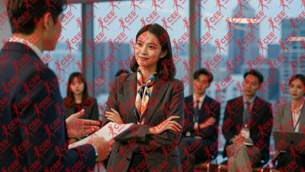 Женщина в деловом костюме сопровождает бизнес-группу на конференции, демонстрируя уверенность и такт.