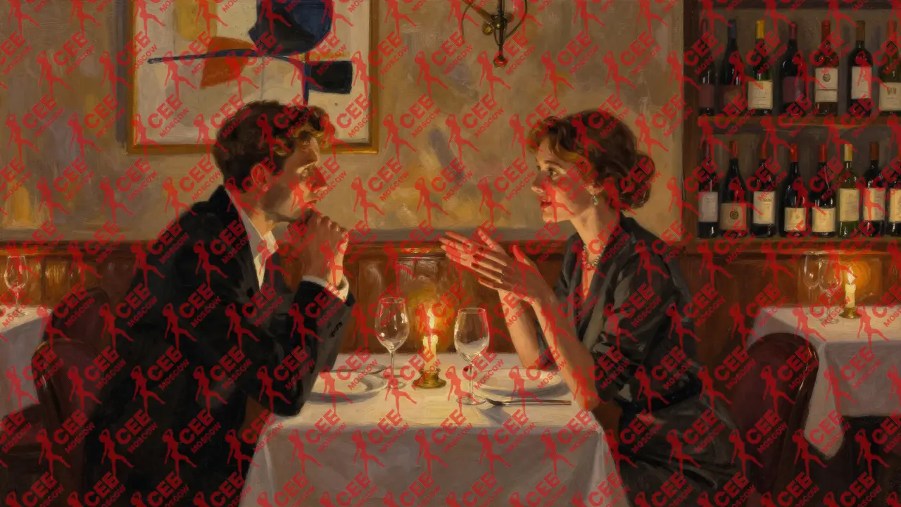 Два человека за ужином в элегантном ресторане Москвы, мягкий свет свечей, атмосфера утонченного общения.