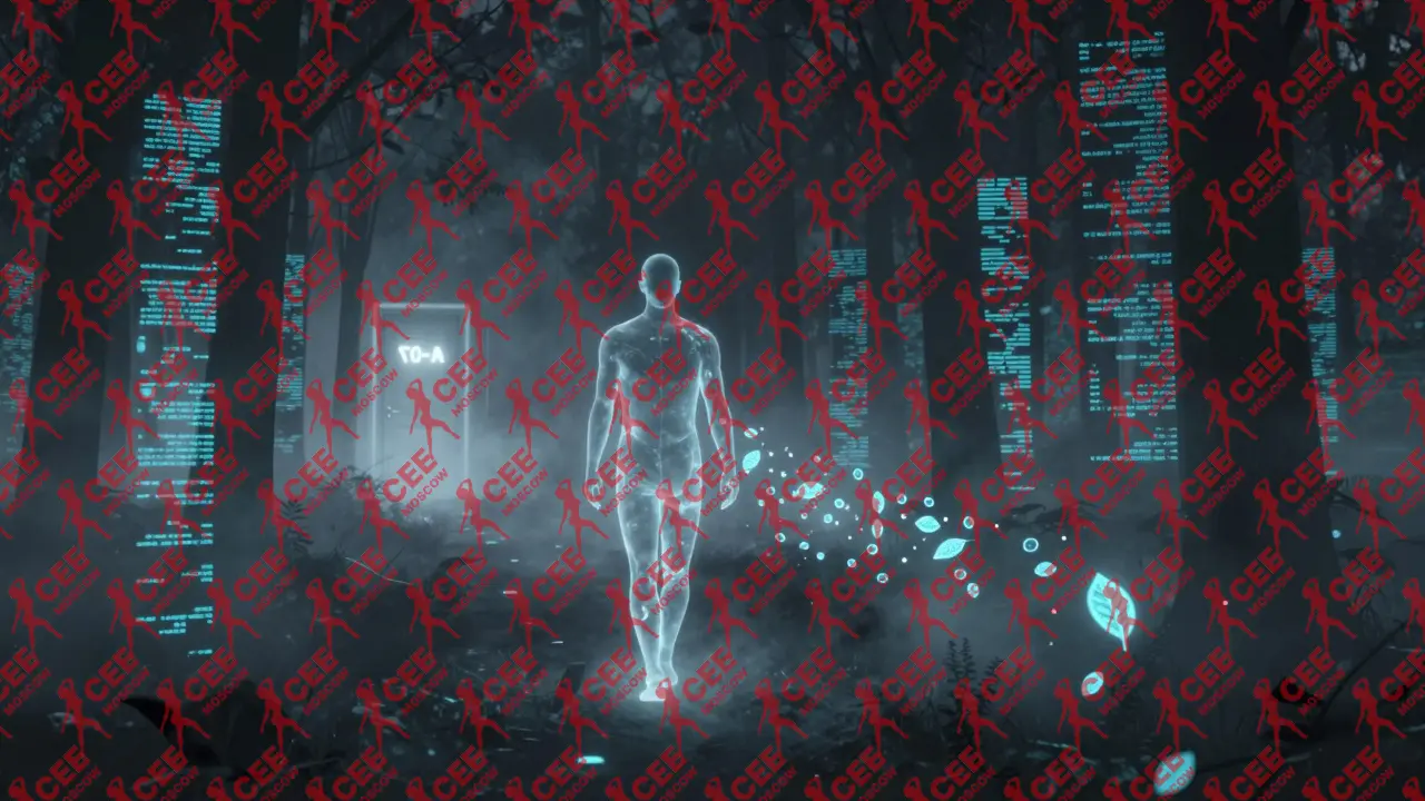 Абстрактная визуализация цифровой анонимности: человек проходит сквозь исчезающие данные, оставляя за собой следов.