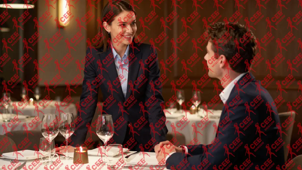 Бизнес-леди и ее сопровождающий беседуют в роскошном ресторане, атмосфера делового обеда.