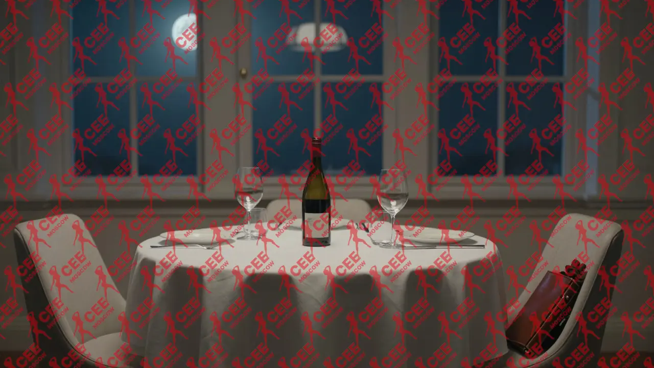 Пустой роскошный ресторанный стол в Москве с намеком на недавнее присутствие женщины.