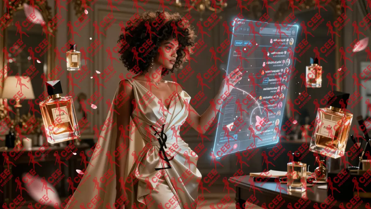 Анна Марс в платье YSL, смотрит на голографический экран с миллионами лайков, вокруг &mdash; парфюм 'Aura'.