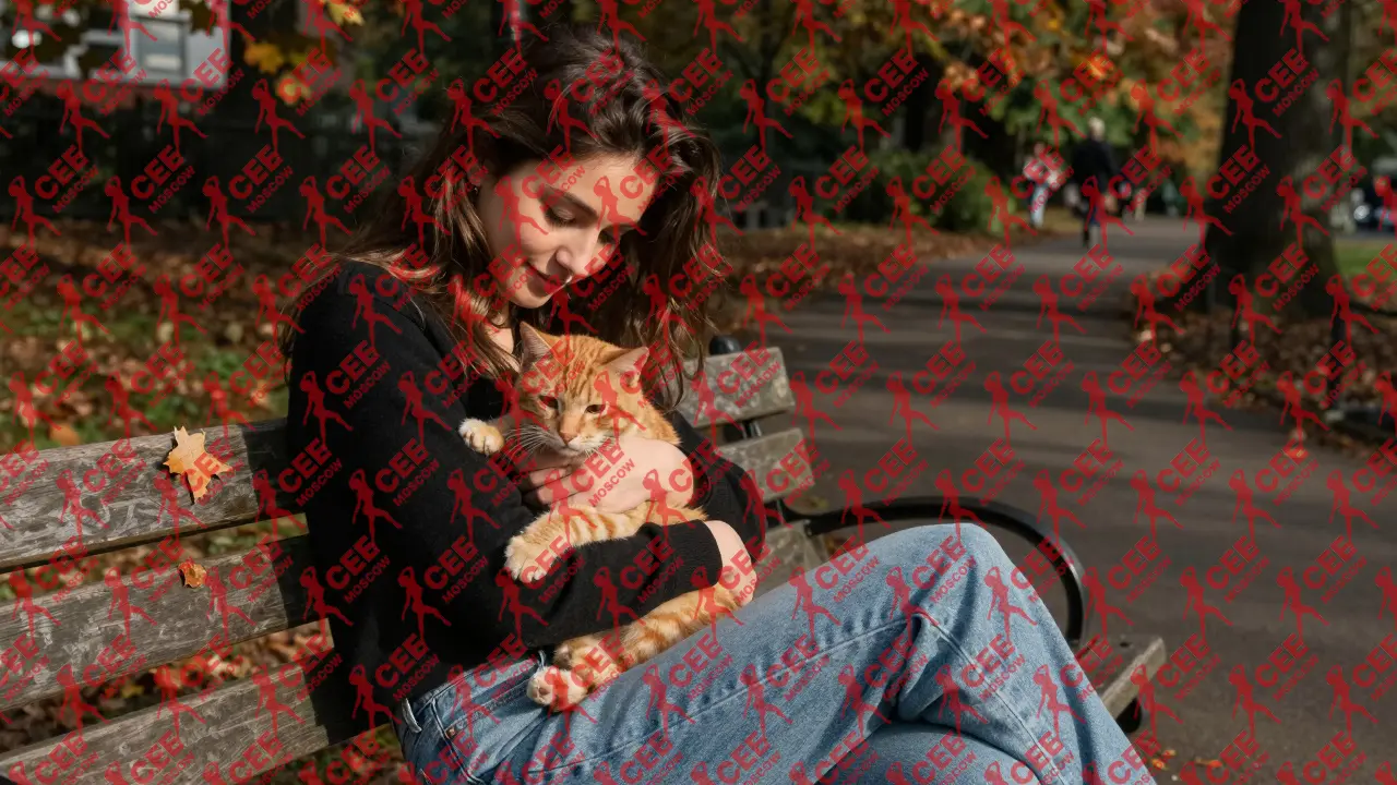 Женщина с котом на руках сидит на скамейке в парке, солнечные пятна на лице.